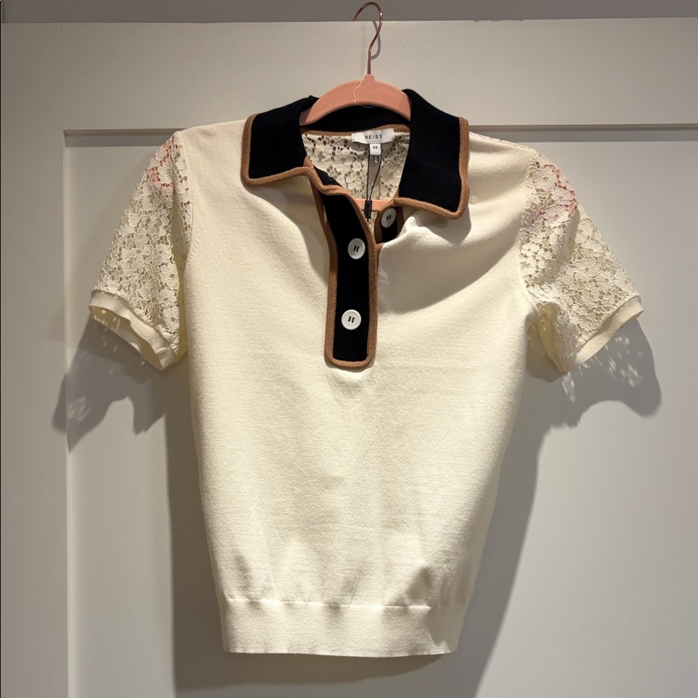 Reiss Cream Polo with Black Collar and Lace Sleeves